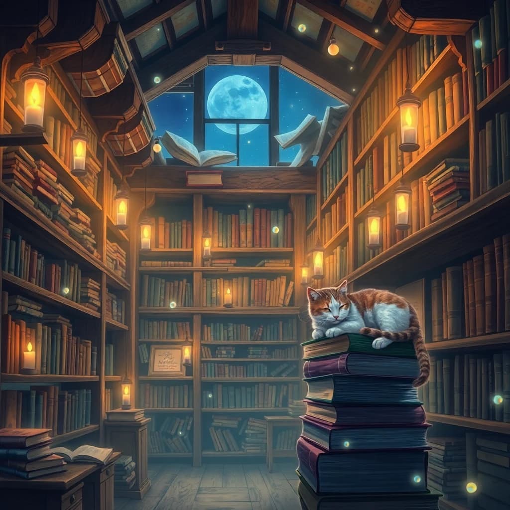 Fantasy AI art - A cozy magical bookshop interior at night with floating book