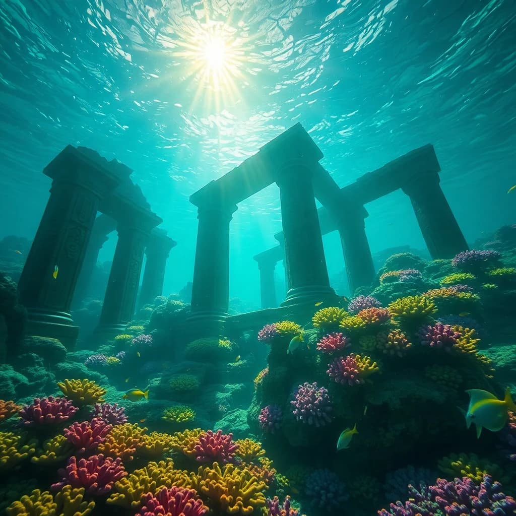 Fantasy AI art - Underwater temple ruins covered in bioluminescent coral and